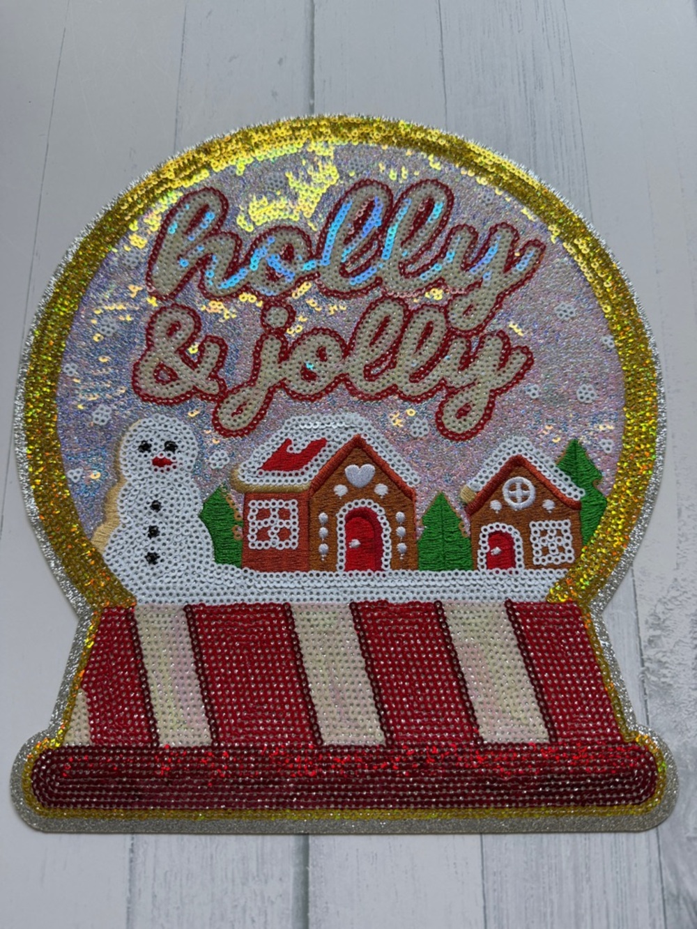 Holly & Jolly Sequin Snow Globe Heat Transfer | Christmas Iron On